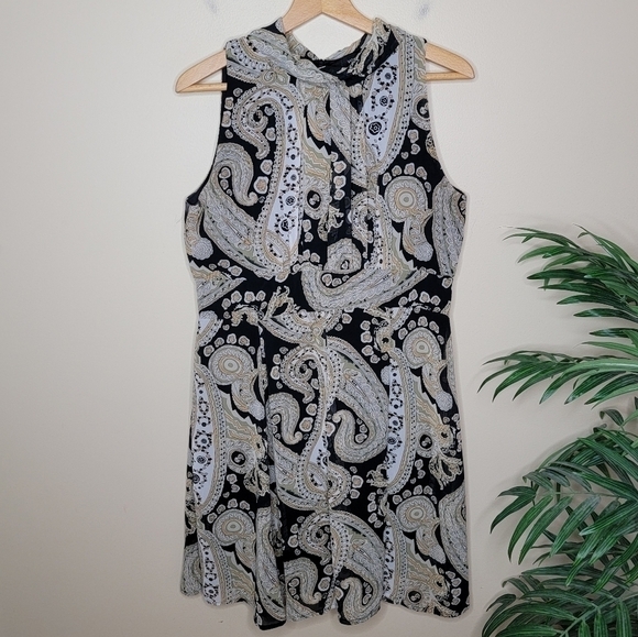 Voir Voir Dresses & Skirts - Voir Voir Black Yellow Tan Paisley Sleeveless Dress Size 12 Wedding Guest Work